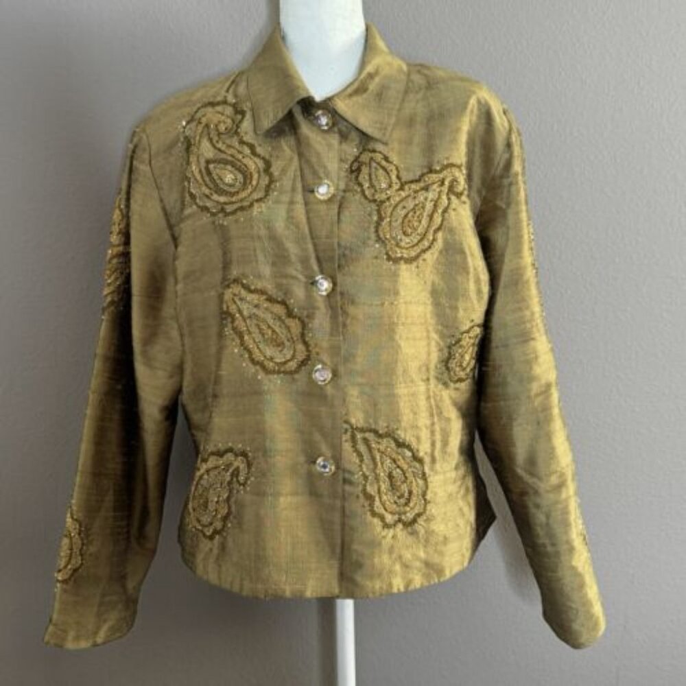 Tunique Nights 100% Silk Embroidered Paisley Floral Sequin Gold Blazer Sz XL